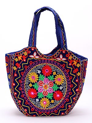 Multicolored Floral Embroidered Shoulder Bag from Gujarat