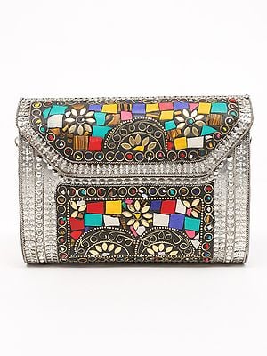 Multicolor Mosaic Stone Metal Clutch Bag with Chain Strap