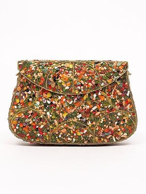 Rainbow Stone Studded Handmade Metal Clutch Bag with Shoulder Chain
