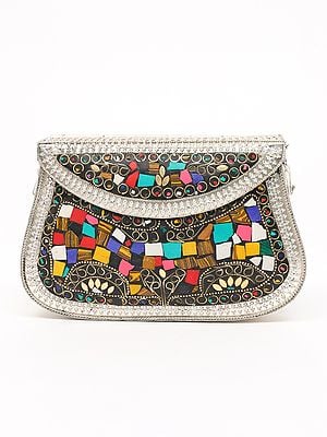 Handmade Multicolor Mosaic Stone Clutch Hand Bag with Chain Strap