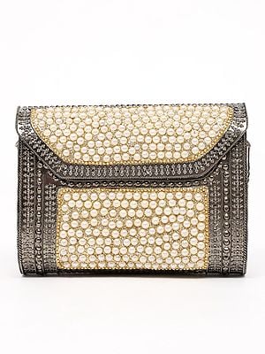 Pearl Beads Studded Box Clutch Bag with Shoulder Chain