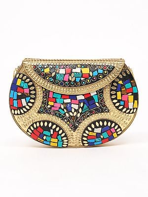 Handmade Clutch Hand Bag with Mosaic Work and Shoulder Chain