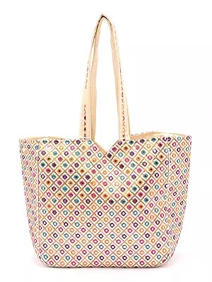 Cannoli-Cream Shoulder Bag with Mirrors-Sequins Embroidered Motifs from Kutch