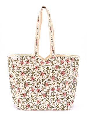 Cannoli-Cream Shoulder Bag with Zari Embroidered Floral Vines Motifs