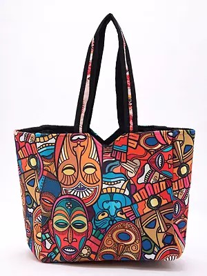 Multicolor Shopper Bag with Printed African Tribal Mask on All-Over