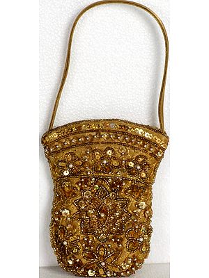 Golden Densely Embroidered Mobile Handbag with Sequins and Beads