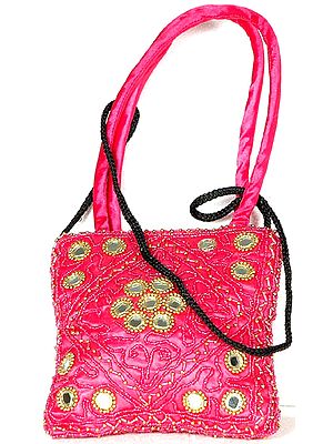 Hot-Pink Beaded Handbag with Mirrors