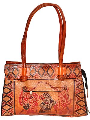 Brown Hand-Painted Shantiniketan Handbag from Kolkata