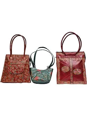Lot of Three Double Handle Shantinekatan Bag from Bengal