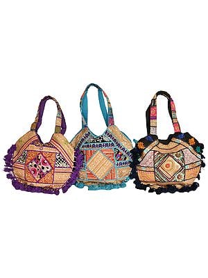 Lot of Three Shopper Bags from Gujarat with Embroidered Patchwork and Sequins