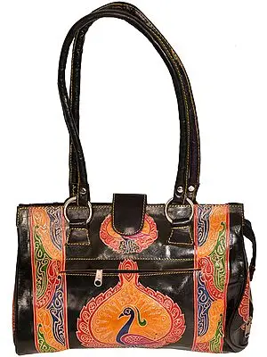 Jet-Black Shantiniketan Handbag from Kolkata with Printed Peacock