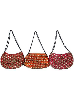 Lot of Three Mirrored Handbags with Beaded Shoulder Strap