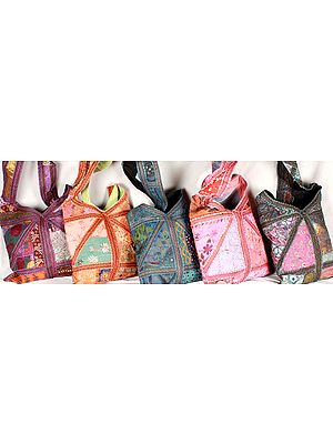 Lot of Five Patchwork Gujarati Handbags with Mirrors