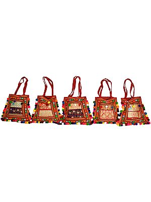 Lot of Five Embroidered Jhola from Kutch with Mirrors