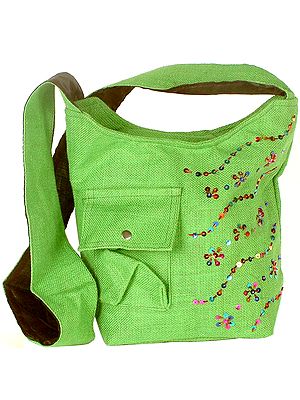 Lime Green Jute Shoulder Bag with Beads and Sequins