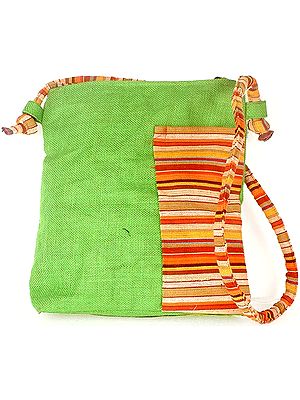 Lime Green Jute Shoulder Bag with Outer Pocket