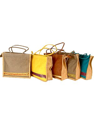 Lot of Five Jute Shopper Bags with Zari Border