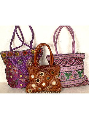 Set of 3 Handbags with Threadwork and Mirrors