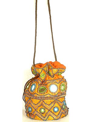Orange Drawstring Bag with Mirrors and Threadwork