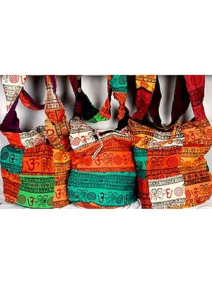 Lot of Three Tri-Color Om Shoulder Patchwork Bags with Printed Auspicious Motifs