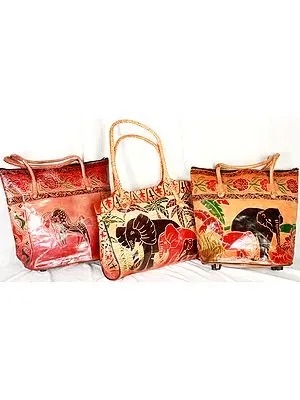Assorted Lot of Three Double Handle Shantiniketan Bags with Printed Figures