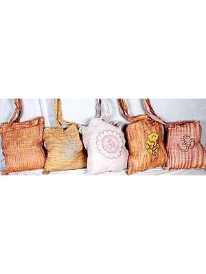 Lot of Five Khadi Jhola Bags with Embroidered Om and Ganesha