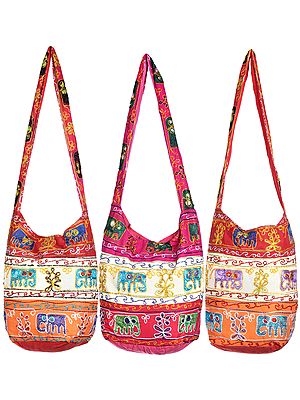 Lot of Three Jhola Bags with Crewel-Embroidery and Elephants