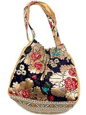 Navy-Blue Banarasi Handbag with Side Pockets and Brocaded Flowers