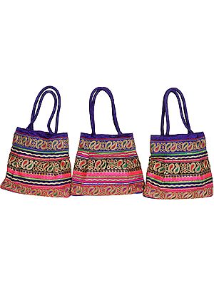 Lot of Three Shopper Bags with Embroidered Paisleys in Metallic Thread