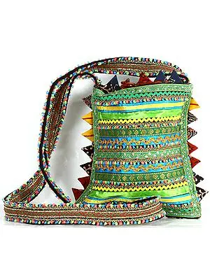 Green Rabari Passport Bag from Kutch Made by Hand