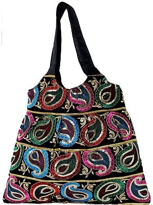 Black Gujarati Shopper Bag with Embroidered Paisleys