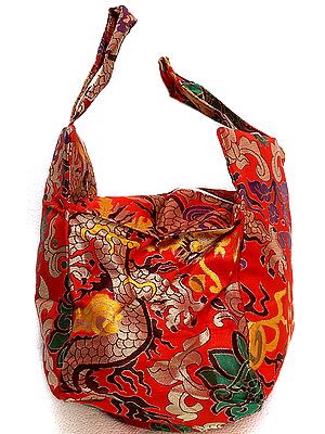 Scarlet-Red Brocaded Handbag from Sikkim with Auspicious Motifs