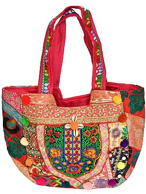 Multicolor Shopper Bag from Kutch with Embroidery and Cowries