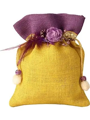 Purple and Yellow Drawstring Potli Bag with Embellishments and Patchwork