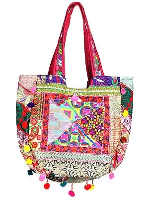 Multicolor Shopper Bag from Kutch with Floral-Embroidery and Hanging Pompoms