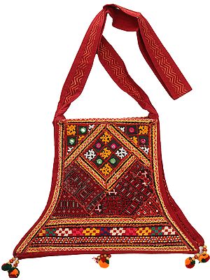 Garnet-Red Shoulder Bag from Kutch with Floral Embroidery