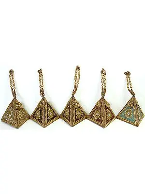 Lot of Five Pyramid Wrist Bags with Antique Beadwork by Hand