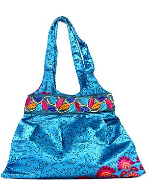 Azure Printed Shopper Bag with Embroidered Patch Border