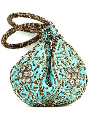 Cyan Bracelet Bag with Beadwork and Sequins