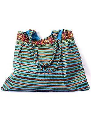 Striped Shopper Bag with Embroidered Patch Border