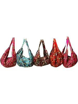 Lot of Five Satin Backpacks with Paisleys Embroidered with Sequins