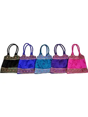 Lot of Five Plain Shopper Bag with Embroidered Patch Border