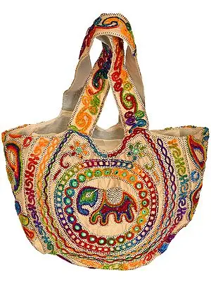 Alabaster-Gleam Shopper Bag from Gujarat with Embroidered Elephant and Mirrors