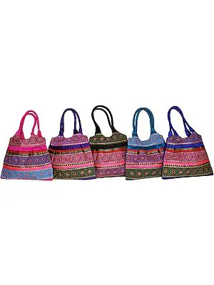 Lot of Five Shopper Bags from Gujarat with Embroidered Chakras and Sequins