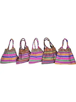 Lot of Four Rainbow Shopper Bags with Aari Embroidered Patch Border