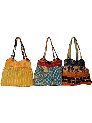 Lot of Three Patchwork Antiquated Shoulder Bags with Kantha Stitch Embroidery by Hand