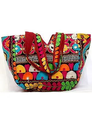 Black Shopper Bag from Kutch with Antique Embroidery in Multi-Color Thread