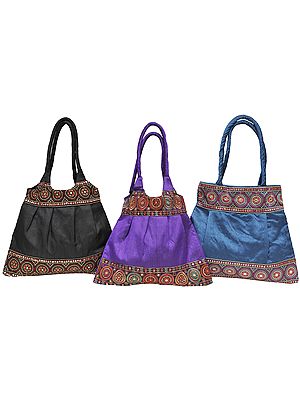 Lot of Three Plain Shopper Bag with Embroidered Patch Border