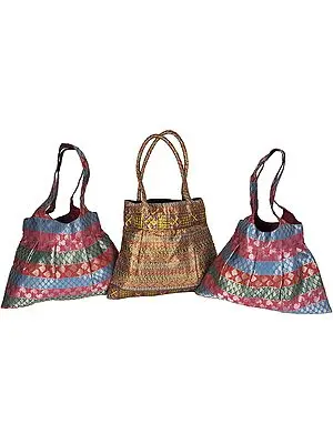 Lot of Three Brocaded Shopper Bag with Embroidered Patch Borders