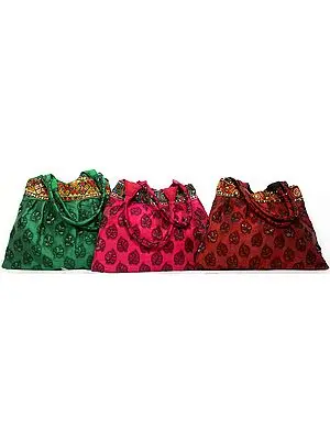 Lot of Three Shopper Bag with Woven Leaves and Embroidered Patch Border